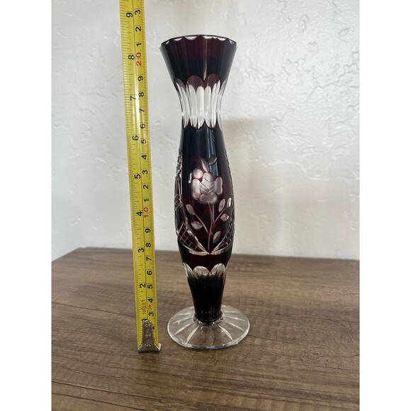 Vintage Ruby Cut Glass Bud Vase Floral Etched Crystal 8” Tall - Picture 4 of 10